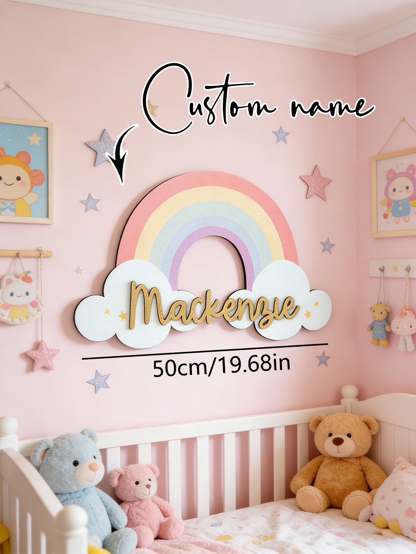 Baby Nursery Wall - Custom Pastel Rainbow Cloud Wooden Name