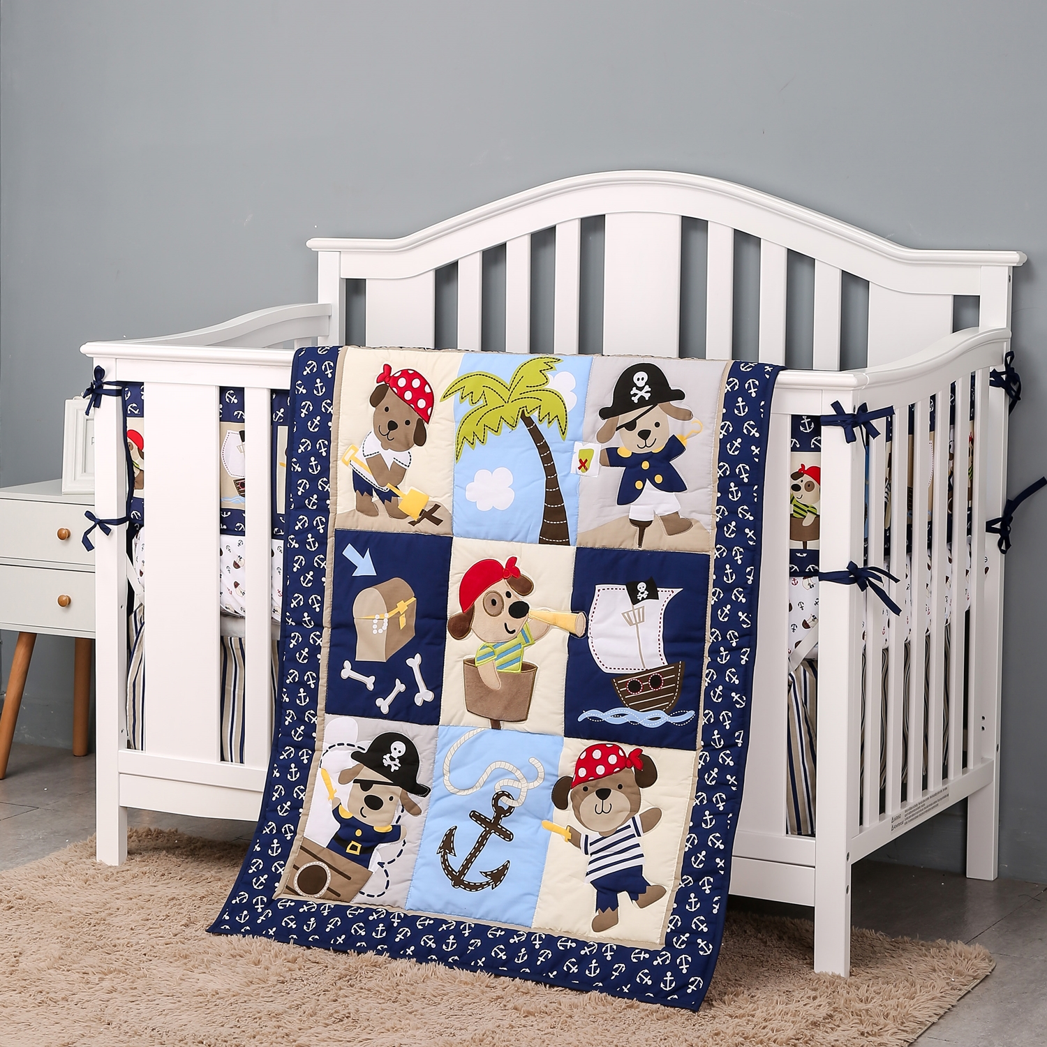 Baby Nursery Bedding Sets - 7Pcs Cartoon Baby Crib Bedding Set