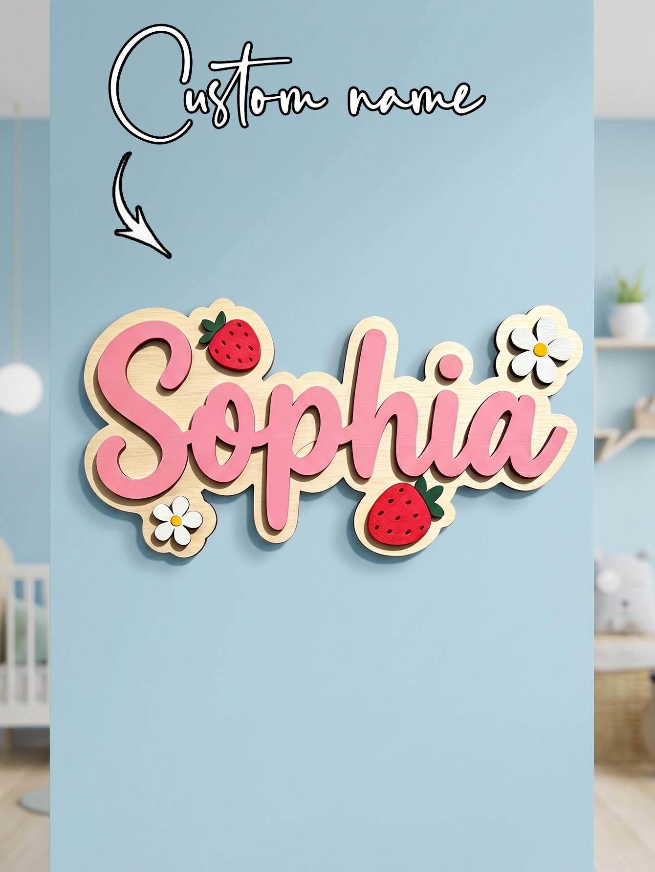 Baby Nursery Wall - Custom Name Strawberry Daisy Wooden Name